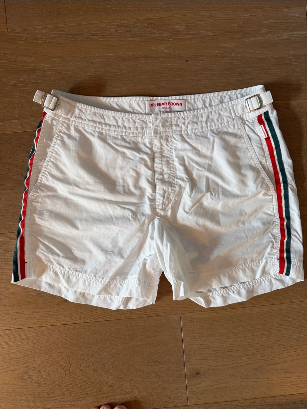 Orlebar Brown White Swim Trunks with Red & Green Side Stripes size 31